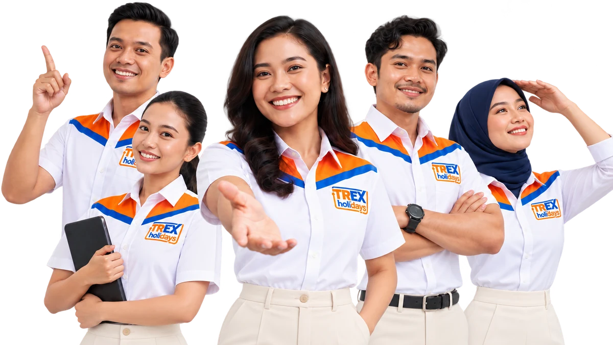Lima anggota tim TREX Holidays mengenakan seragam putih dengan aksen biru dan oranye